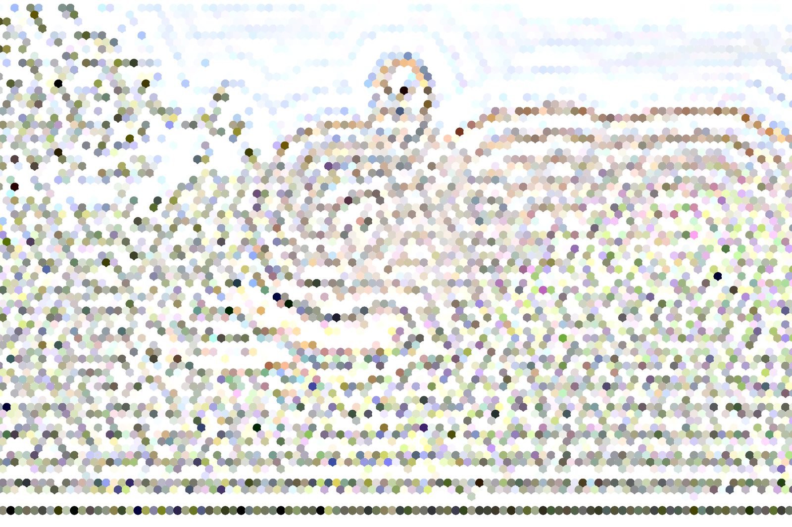 A hexagonal mosaic of soft pastel dots that hides an elephant, revealed when seen with a blurry eye.