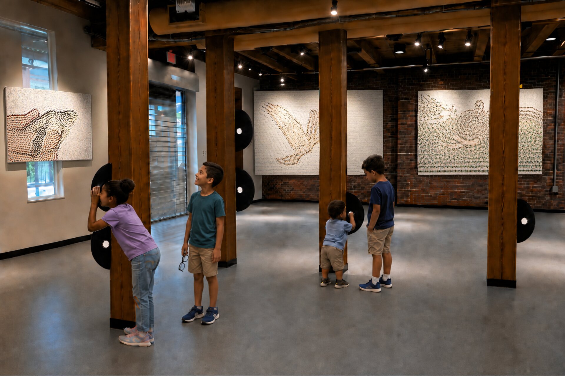 Four children in a gallery with lenses mounted on wooden posts, large mosaic artworks on the walls behind them.