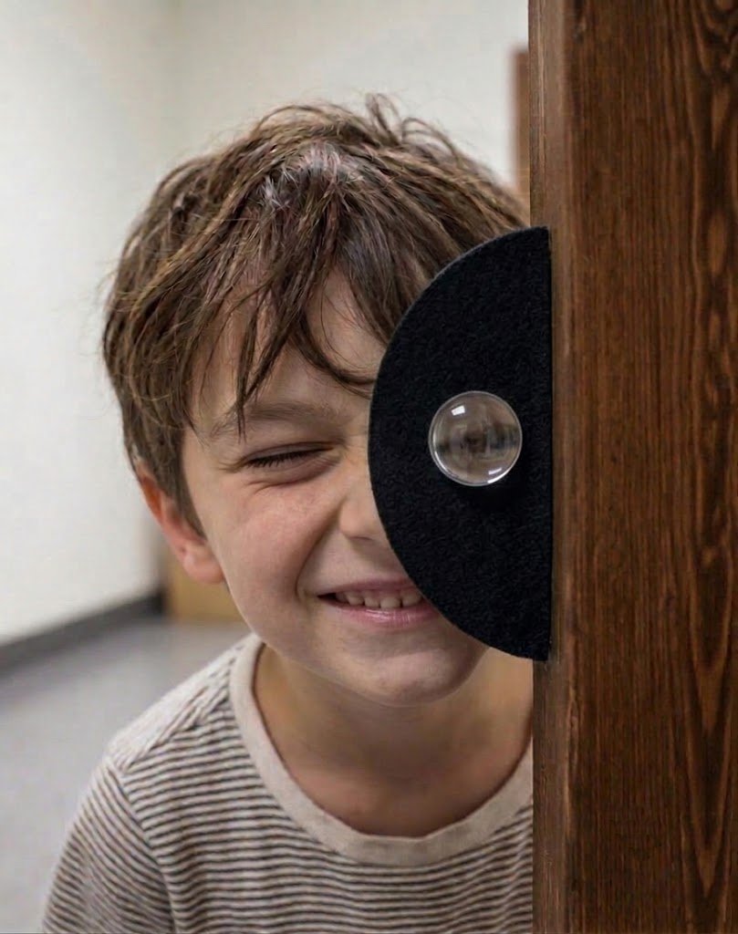 A smiling boy pressing one eye up to a lens mounted on a wooden gallery post, his other eye squeezed shut.