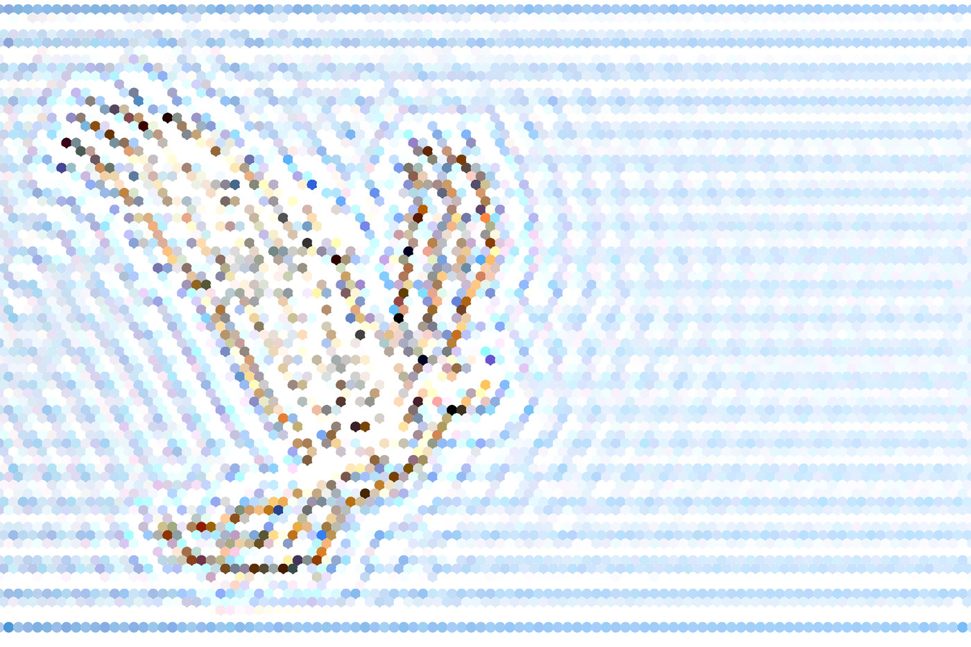 A bird takes shape through optical defocus within a field of colored hexagons..