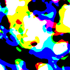 Enlarged, unblurred surface detail of The Starry Night @r40, showing individual colors.