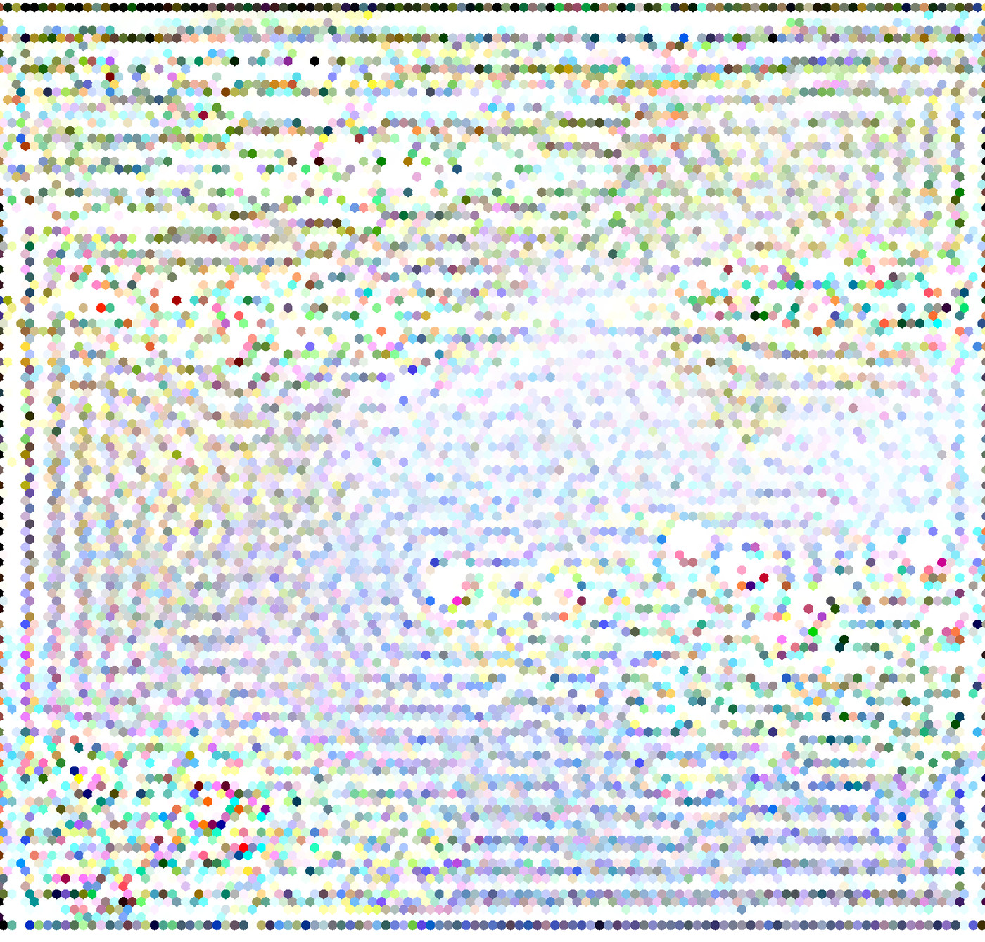 A field of colored fragments resolves into Monet’s water-lilies, inspired by a visit to the MFA in Boston..