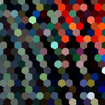 Detail: scattered color across the red bandana and jacket in the mosaic.