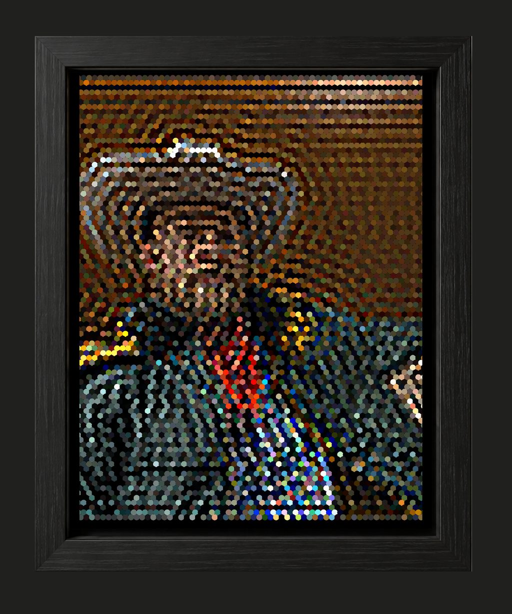 A self-portrait that resolves out of a hex mosaic as the eye defocuses.